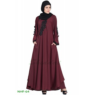 Umbrella abaya with embroidery patchwork- Maroon